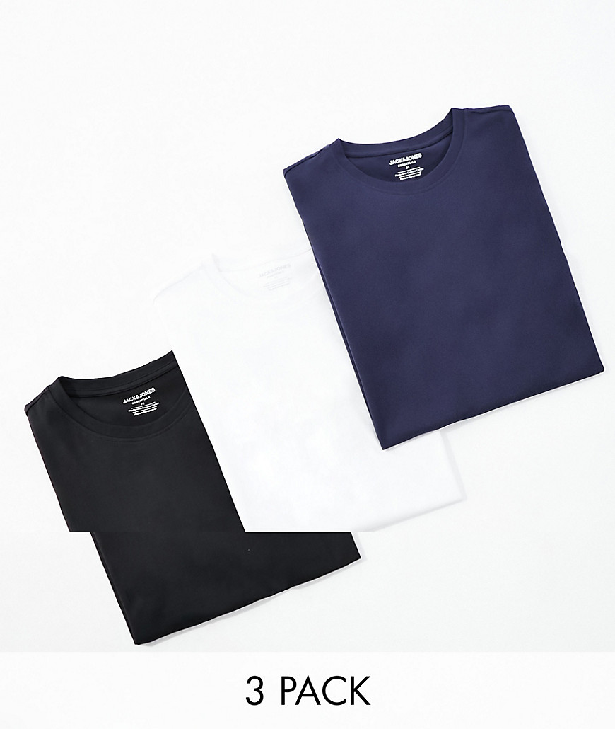 Jack & Jones Originals 3 pack curve longline t-shirt in white/navy/black-Multi