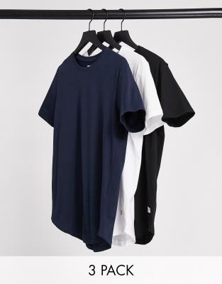 Jack & Jones Originals 3 pack curve longline t-shirt in white/navy/black - ASOS Price Checker