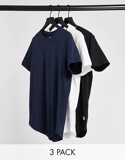 Men Jack & Jones Originals 3 pack curve longline t-shirt in white/navy/black 