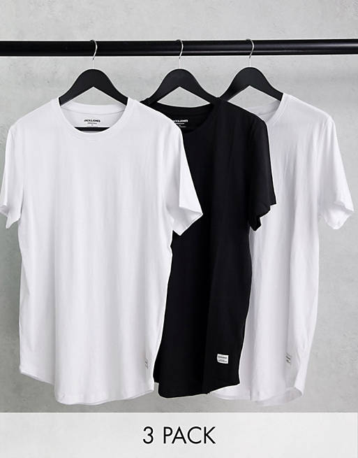 Jack & Jones Originals 3 pack curve longline t-shirt in white/white/black