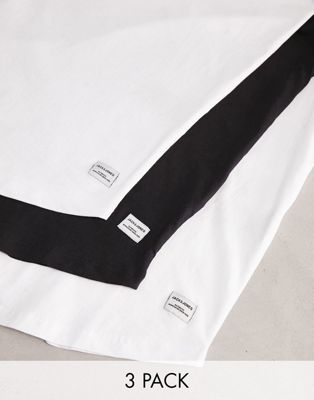 Jack & Jones Originals 3 pack curve longline t-shirt in white/white/black