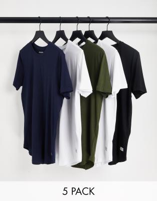 Jack & Jones Originals 5 Pack Curve Longline T-shirt In Multi
