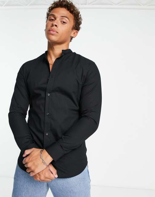 Jack & Jones Originals band collar shirt in black