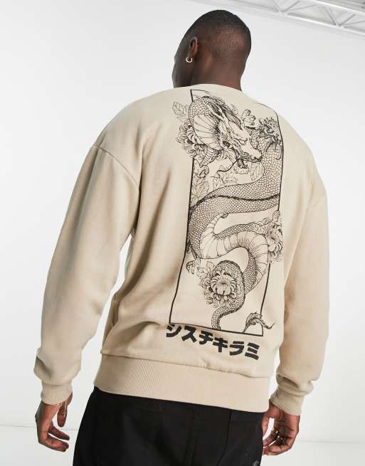 Jack & Jones Originals – Beżowa bluza dresowa oversize z nadrukiem z motywem smoka na plecach