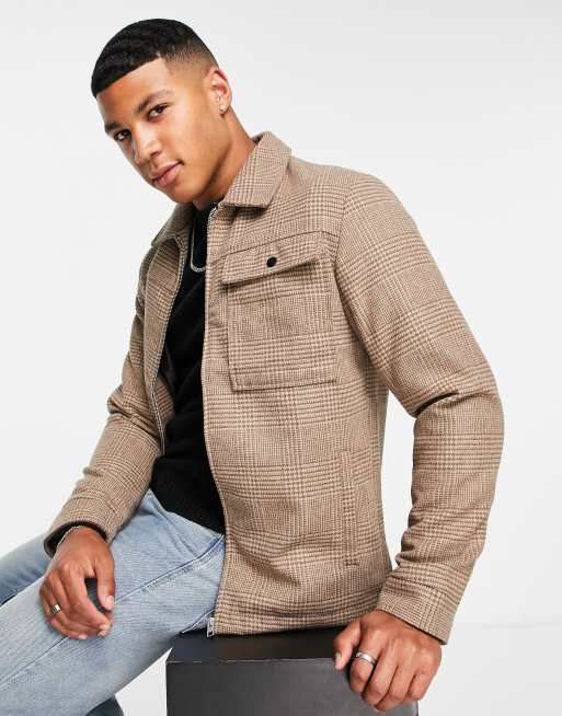Jack & Jones Originals – Beżowa kurtka harrington z domieszką wełny z kieszenią w kratę