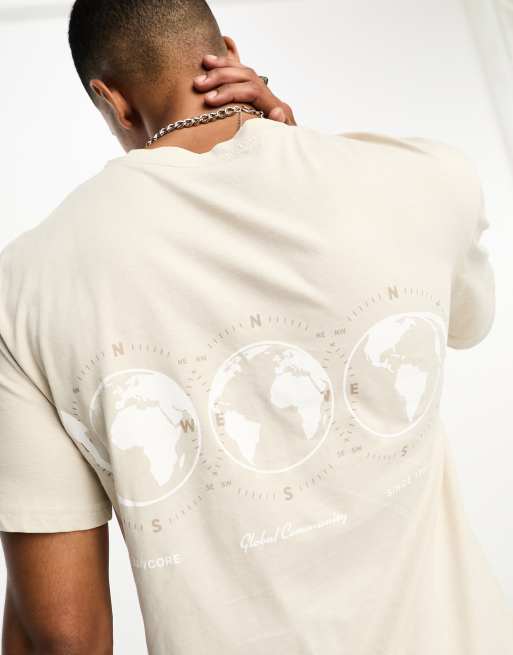Jack & Jones Originals – Beżowy T-shirt o luźnym kroju z nadrukiem ziemi na plecach