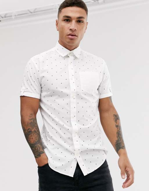 Jack & Jones – Originals – Biała koszula z krótkim rękawem z nadrukiem stokrotek