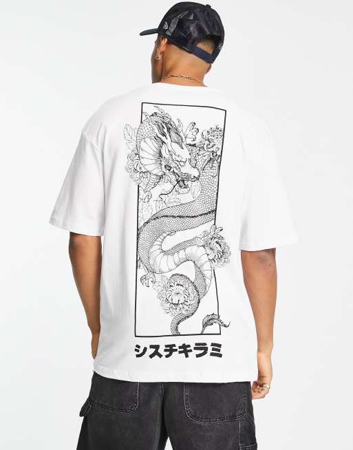 Jack & Jones Originals – Biały T-shirt oversize z nadrukiem smoka na plecach