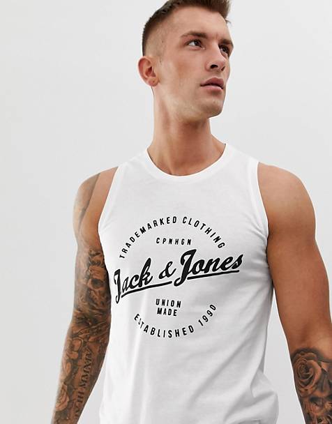 Jack & Jones Mens Sports Sleeveless Vest Logo Printed Crew Neck Tank Tops