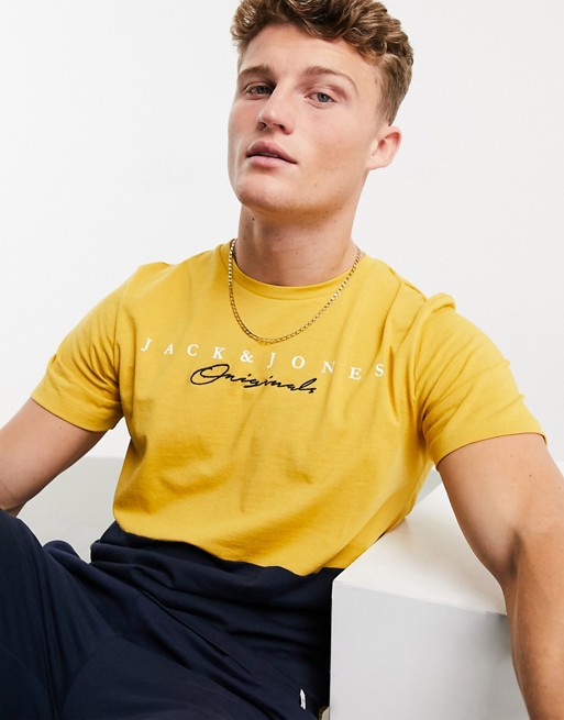 Jack & Jones Originals blocked t-shirt with script logo in yellow