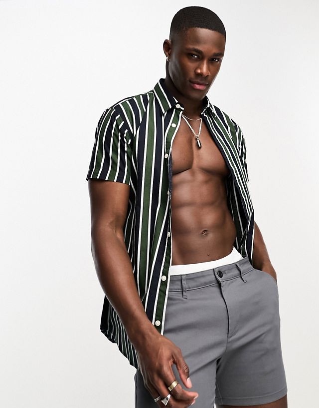 Jack & Jones Originals bold stripe short sleeve shirt in dark green