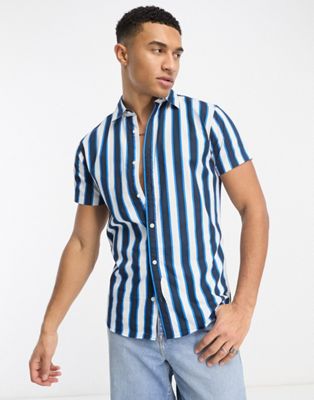 Jack & Jones Originals bold stripe short sleeve shirt in navy and white - ASOS Price Checker