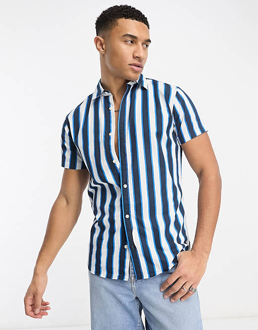 Jack & Jones Originals bold stripe short sleeve shirt in navy and white ...
