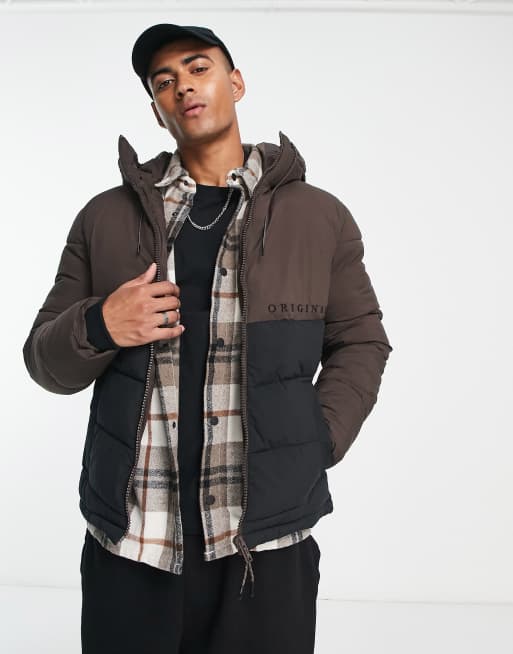 Jack & Jones Originals – Brązowo-czarna ocieplana kurtka z kapturem z ozdobnym logo 