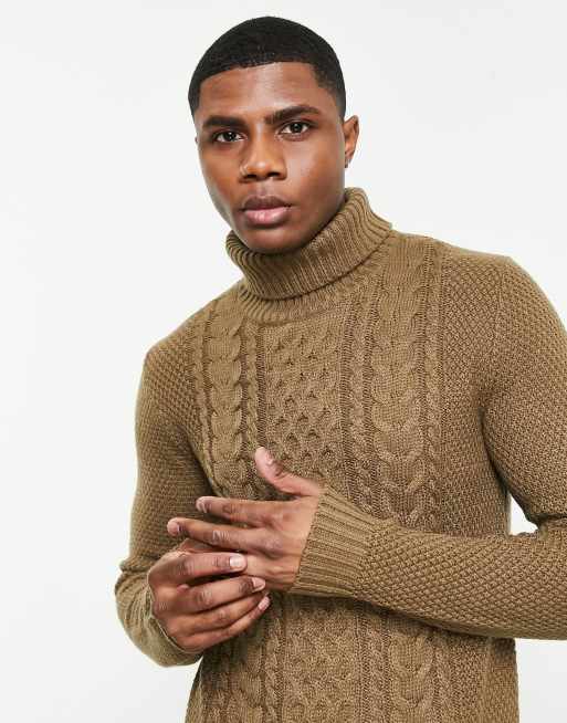 Jack & Jones Originals cable knit jumper with roll neck in beige | ASOS