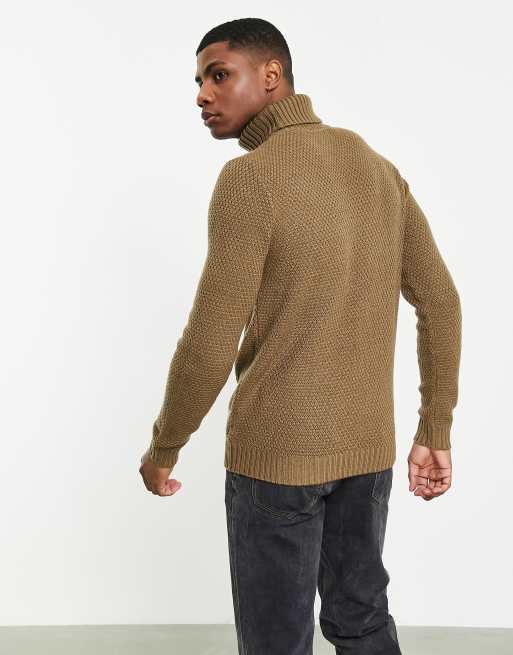 ASOS DESIGN cable knit roll neck sweater in brown