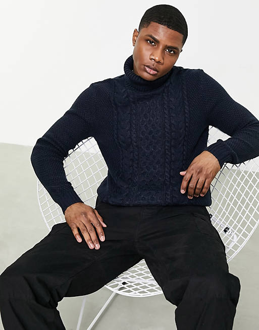 Jack & Jones Originals cable knit jumper with roll neck in navy