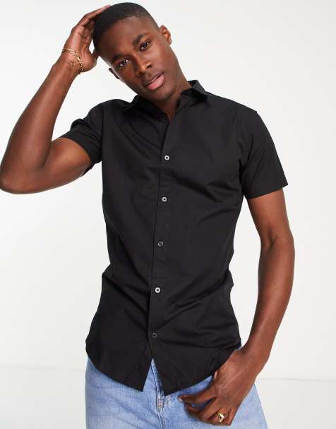 Camicia attillata nera con ricami a maniche corte Asos Uomo Abbigliamento Camicie Camicie a maniche corte 
