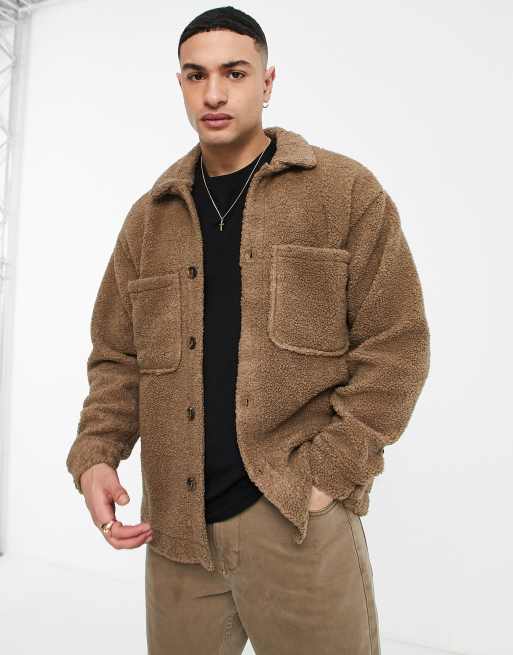 Jack & Jones Originals - Camicia giacca oversize in pile borg effetto peluche marrone