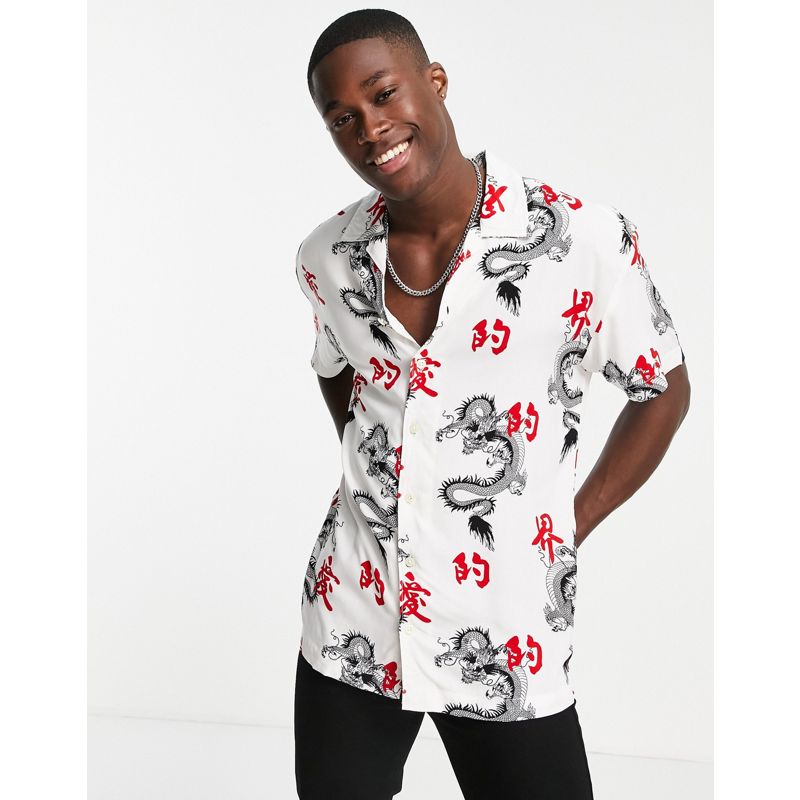 4t2xN Camicie Jack & Jones Originals - Camicia in viscosa con stampa di dragone e colletto a rever bianca