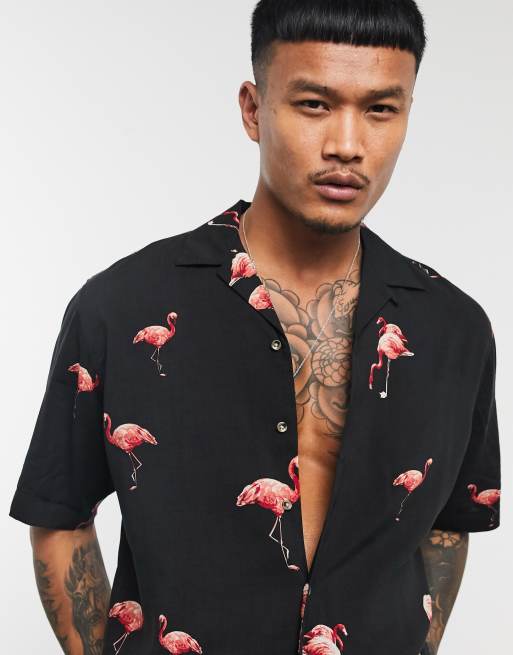 Jack Jones Originals Chemise manches courtes avec col revers et imprim flamant rose