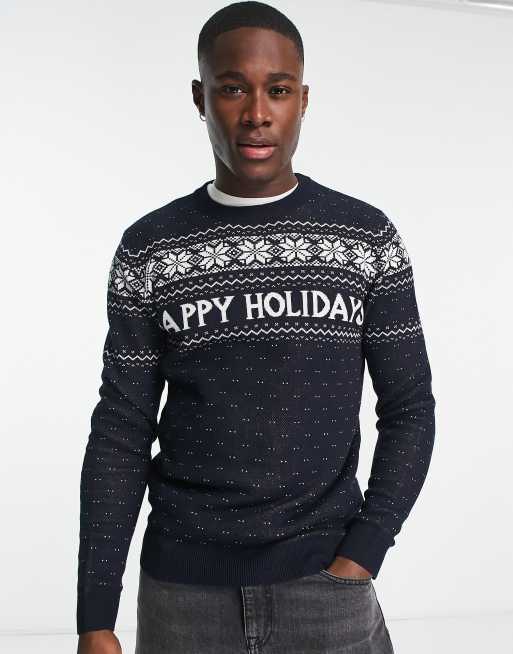 Jack & Jones Originals christmas fair isle jumper in navy 
