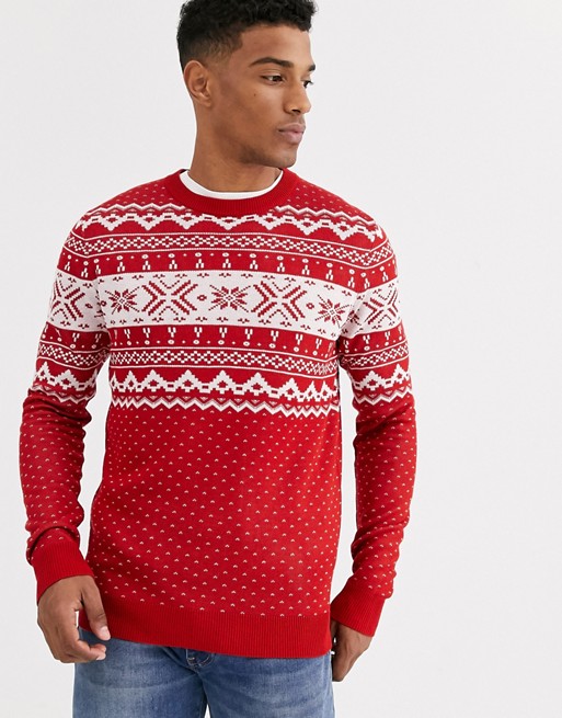 Jack & Jones Originals Christmas fairisle knitted jumper in red