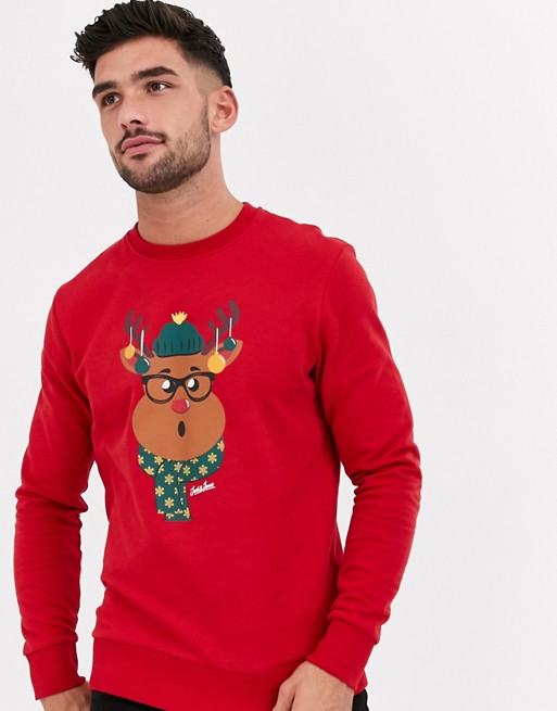 Jack & Jones Originals Christmas reindeer graphic sweat in red