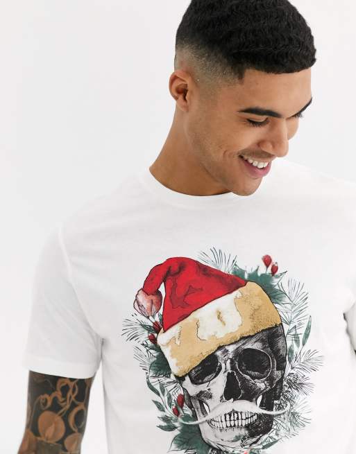 Jack Jones Originals Christmas skull print t shirt in white