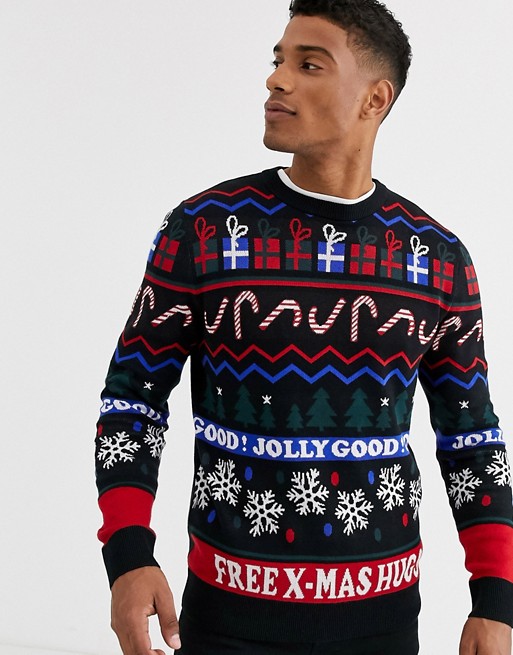 Jack & Jones Originals Christmas slogan knitted jumper in black