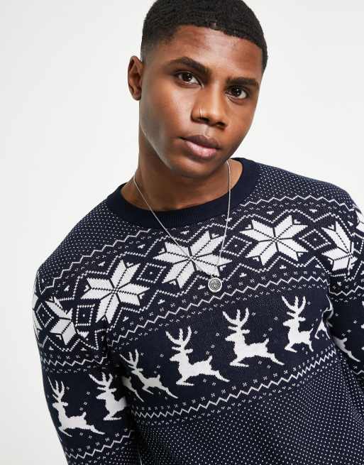 slim kruipen Port Jack & Jones Originals Christmas sweater in navy | ASOS