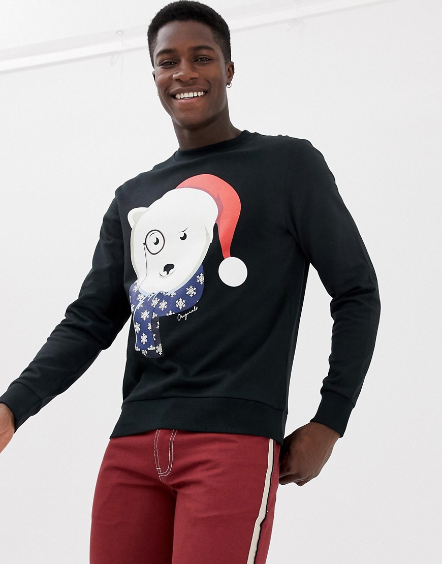 Jack & Jones Originals Christmas Sweatshirt With Polar Bear Print-Black