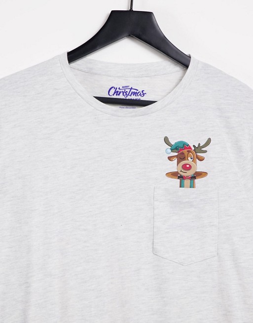 Jack & Jones Originals Christmas t-shirt with reindeer pocket in grey