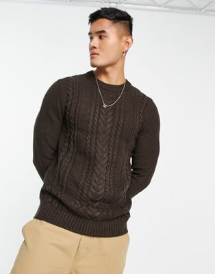 Jack & Jones Originals chunky cable knit jumper in chocolate