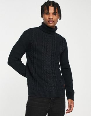 Jack & Jones Originals chunky cable knit roll neck jumper in navy