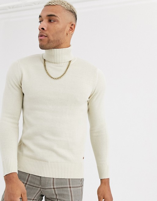 Jack & Jones Originals chunky ribbed roll neck jumper in off white