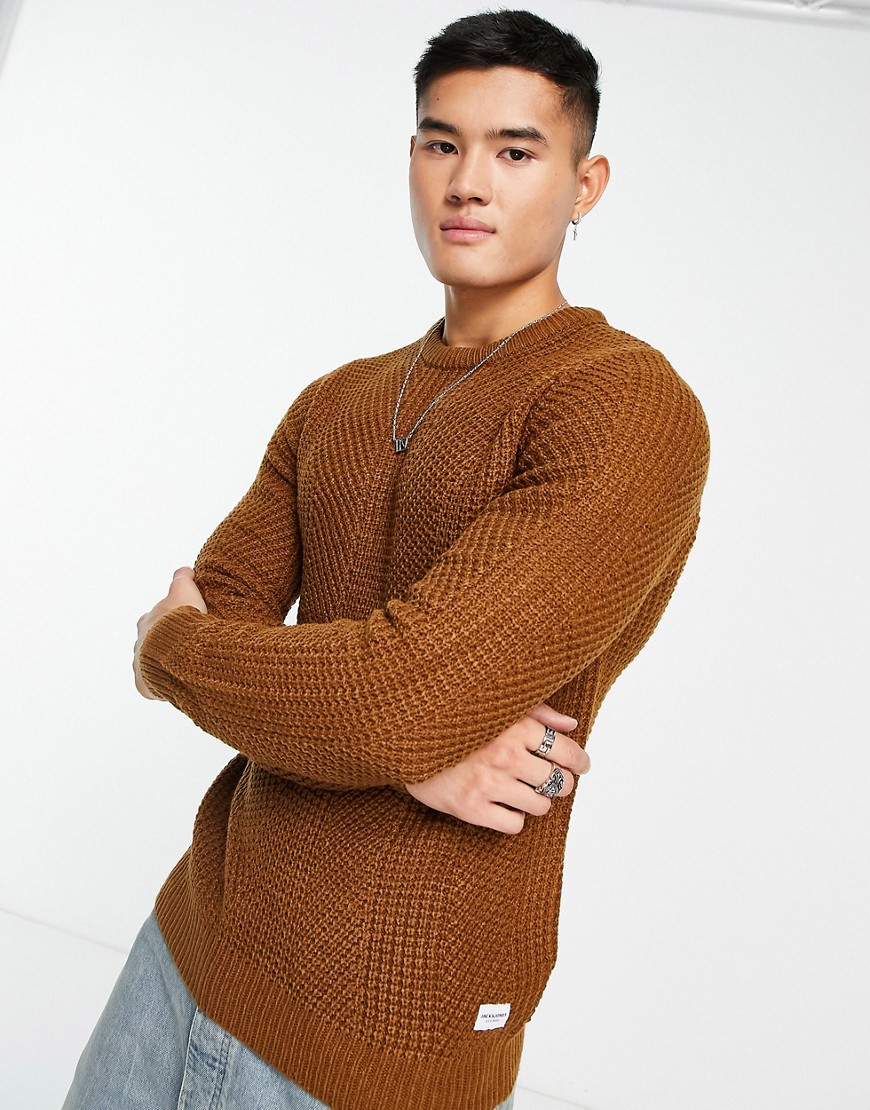 Jack & Jones Originals chunky textured fisherman knit sweater in tan-Brown