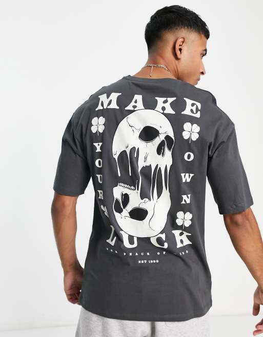 Jack & Jones Originals – Ciemnoszary T-shirt oversize z nadrukiem z motywem czaszki na plecach