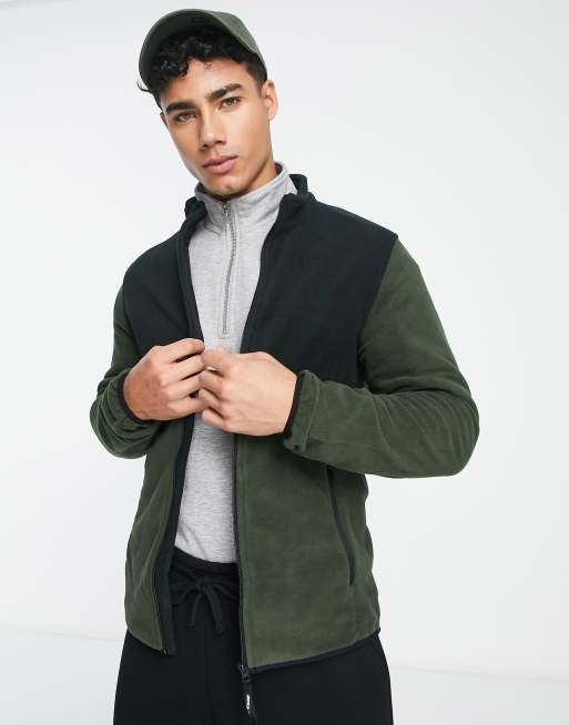 Jack & Jones Originals color block 1/4 zip fleece in khaki
