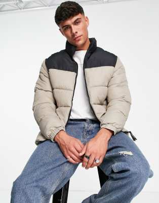 Jack & Jones Originals Color Block Puffer Jacket In Neutral