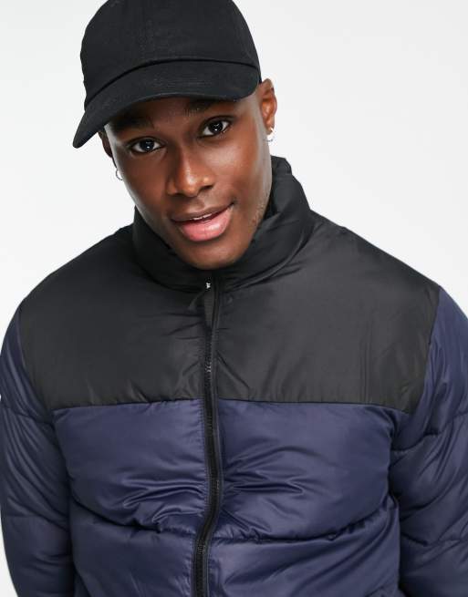 Colour block puffer jacket mens discount