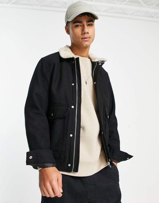 Jack & Jones Originals – Czarna bomberka z domieszką wełny z kołnierzem ze sztucznego futerka 