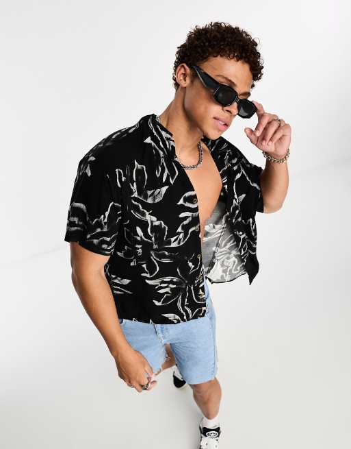 Jack & Jones Originals – Czarna koszula oversize z kołnierzykiem kubańskim i kwiatowym wzorem 