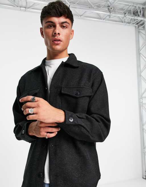 Jack & Jones Originals – Czarna koszula wierzchnia z kieszeniami z imitacji wełny 