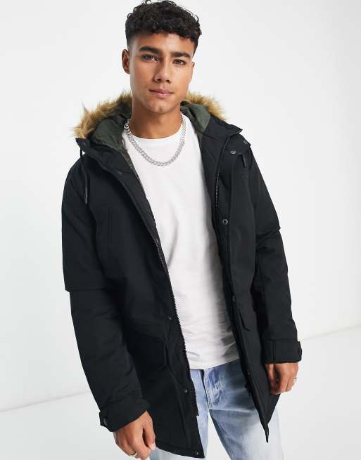Jack & Jones Originals – Czarna parka z kapturem ze sztucznym futerkiem 