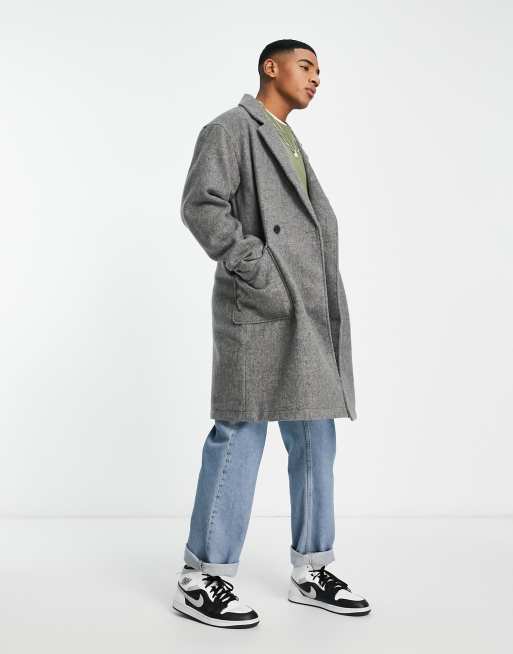 Jack & Jones Originals doubled breasted overcoat in gray melange | ASOS