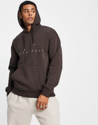 Jack & Jones Originals Embroidered Logo Hoodie In Chocolate-brown