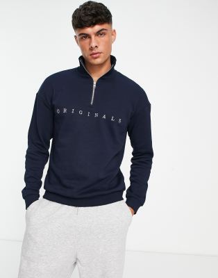 Jack & Jones Originals embroidered logo sweatshirt 1/4 zip in navy