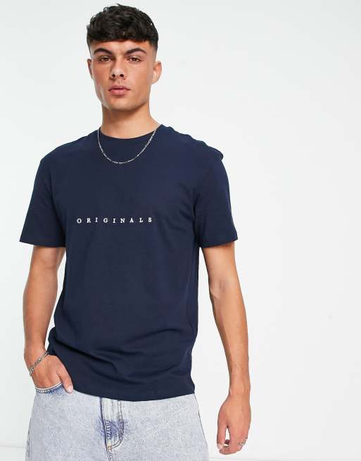 Jack & Jones Originals embroidered logo t-shirt with drop shoulder in navy 