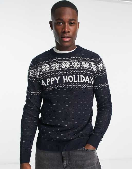 Jack Jones Originals Fairisle kersttrui in donkerblauw ASOS